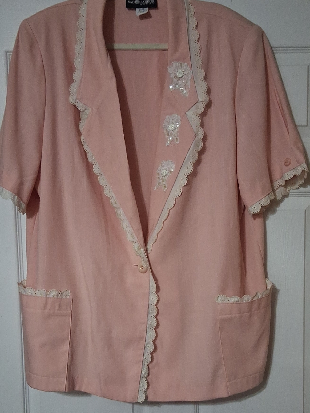 Sag Harbor Embellished Soft Pink Lace-Trim Short Sleeve Jacket  Rayon /poly Sz22